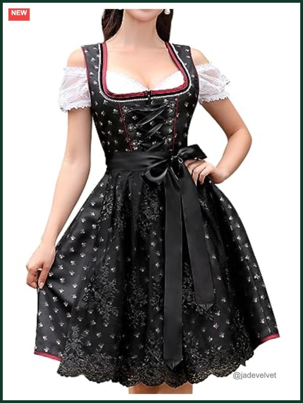 3 Piece Dirndl Oktoberfest Dress Costume with Puff Sleeve Blouse for Women